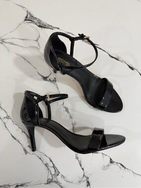 Michael Kors Black Patent Ankle-Strap Mid Heels